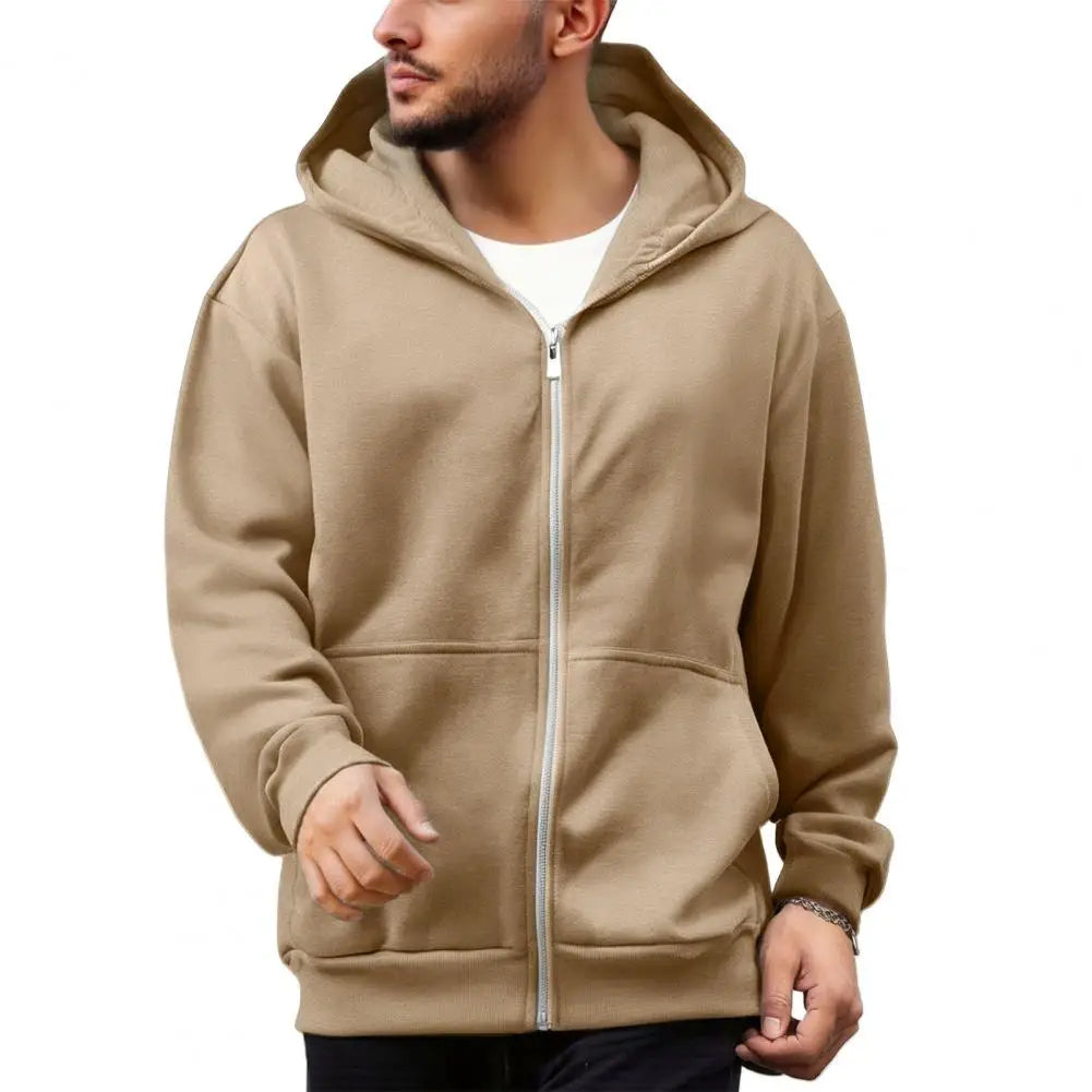Men's Hooded Sweatshirt with Backpack – Zip-Up Hoodie, Solid Color Loose Fit Long Sleeve Coat for Casual Outdoor Wear