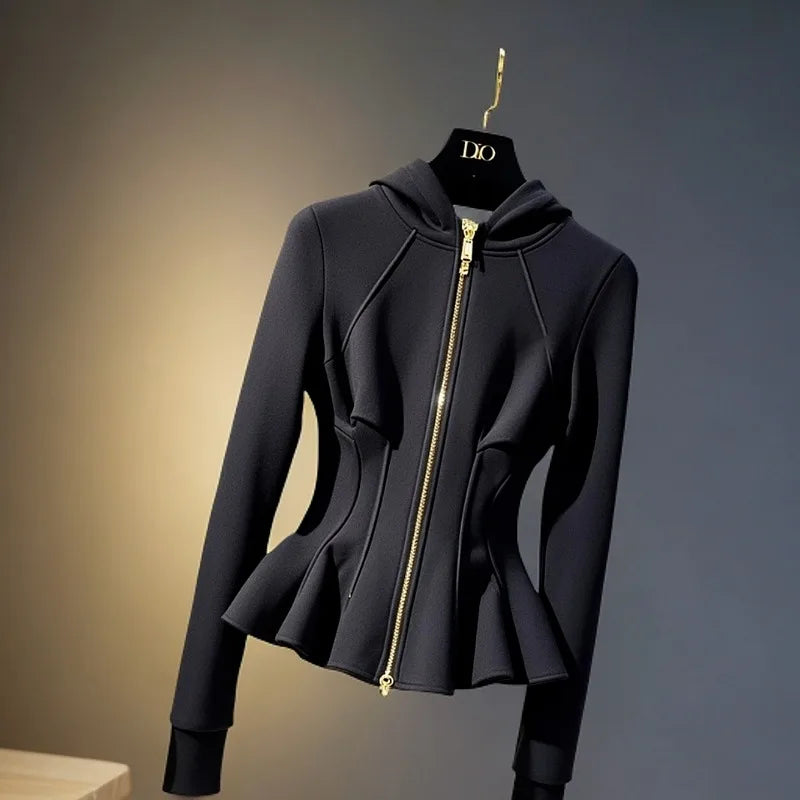 Fashionable Black Hooded Sweatshirt 2025 Spring Casual Slim Waist-hugging Short Jacket Versatile Top