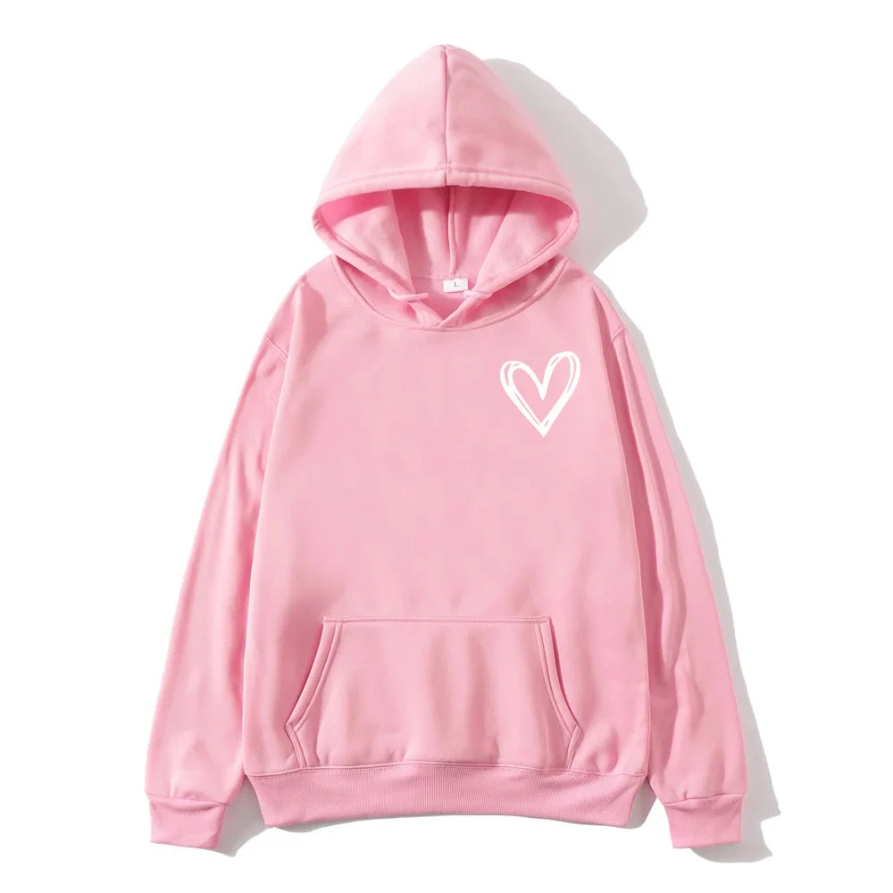 Women's hooded sweatshirt for spring and autumn, casual top for both men and women, pure color simple heart print sweatshirt