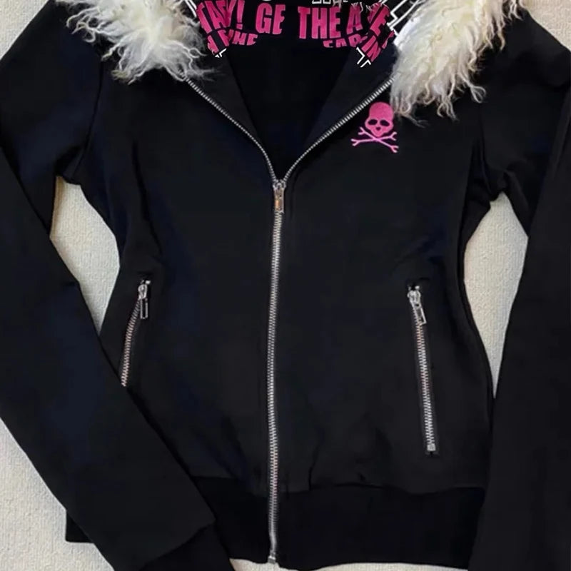 Women Sweatshirt Harajuku Letter Print Slim Coat Winter Clothes Goth  High Street Y2K Black Fur Collar Zipper Sweatshirt Hoodie
