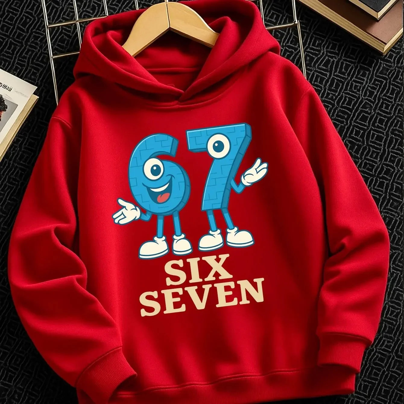 Boys' Comfortable Fleece Hooded Sweatshirt with Cartoon Characters and Number 67 Casual Winter Warm Kids' Hoodie