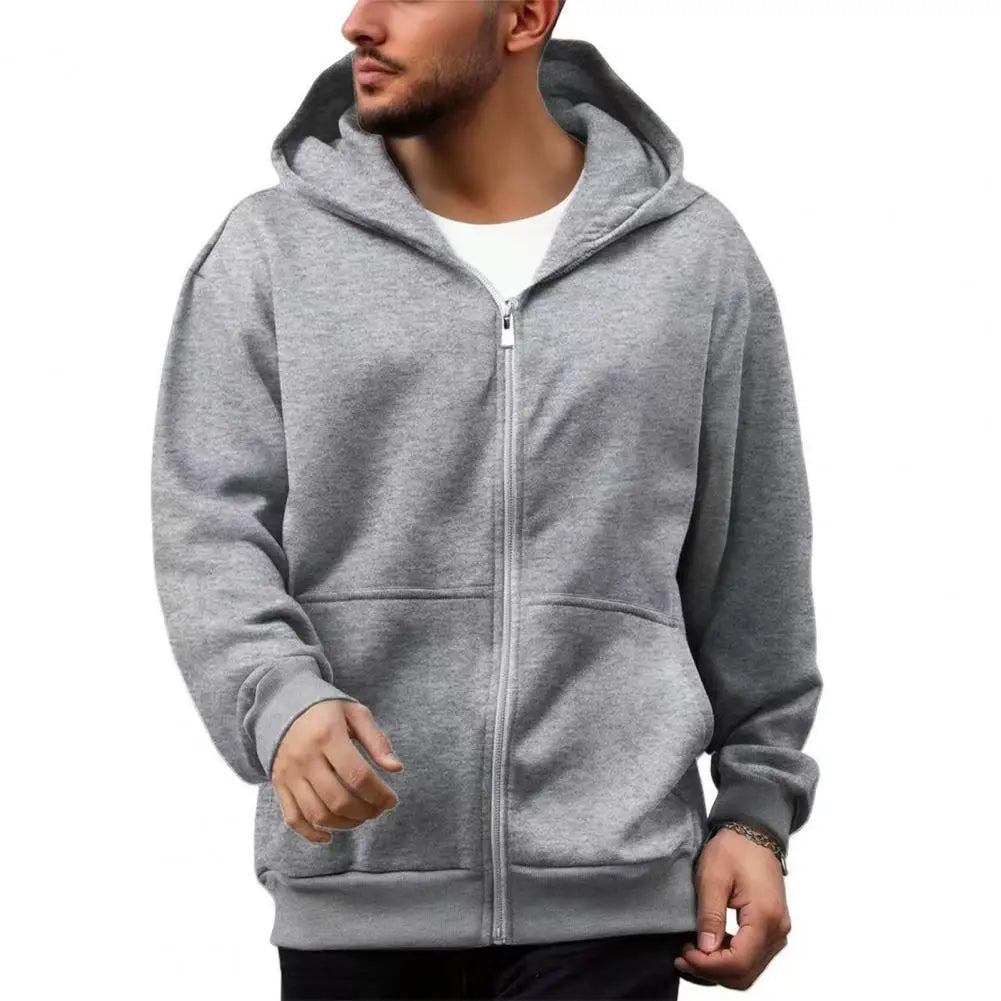 Men's Hooded Sweatshirt with Backpack – Zip-Up Hoodie, Solid Color Loose Fit Long Sleeve Coat for Casual Outdoor Wear