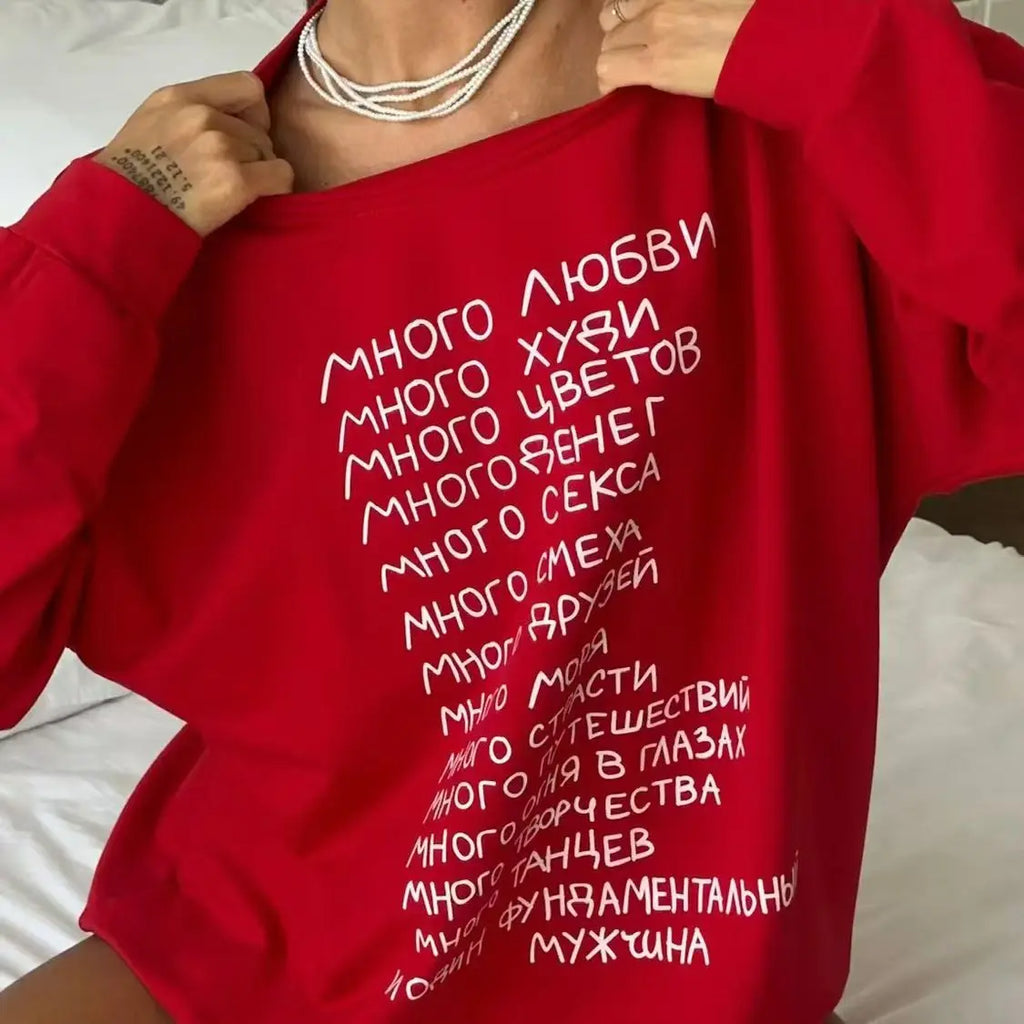 Russian Simple Superior Sense Prined O Neck Sweatshirt Women White Thin Autumn Hoodies Women Russian Style Loose Korean Fashion