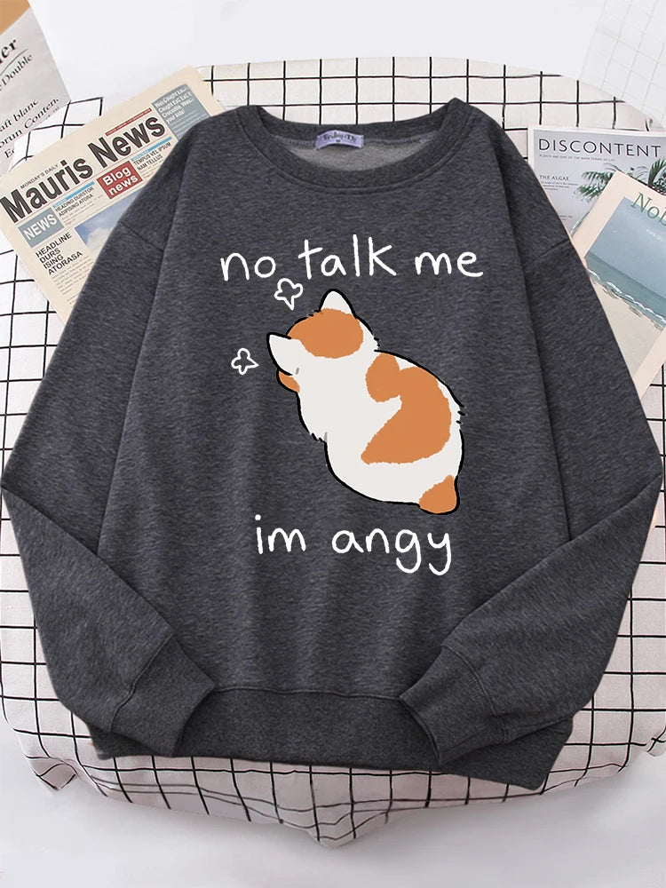 Female Sweatshirts No Talk Me Cute Angy Cat Print Top Women Harajuku Oversize Long-Sleeve Kawaii Animal 2024 New Lady Sweatshirt