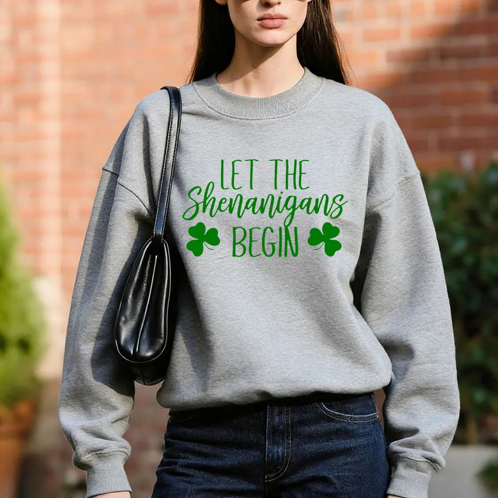 Let The Shenanigans Begin Sweatshirt St Patricks Day Party Sweater Funny St Paddys Long Sleeve St Pattys Irish Green Beer Tops