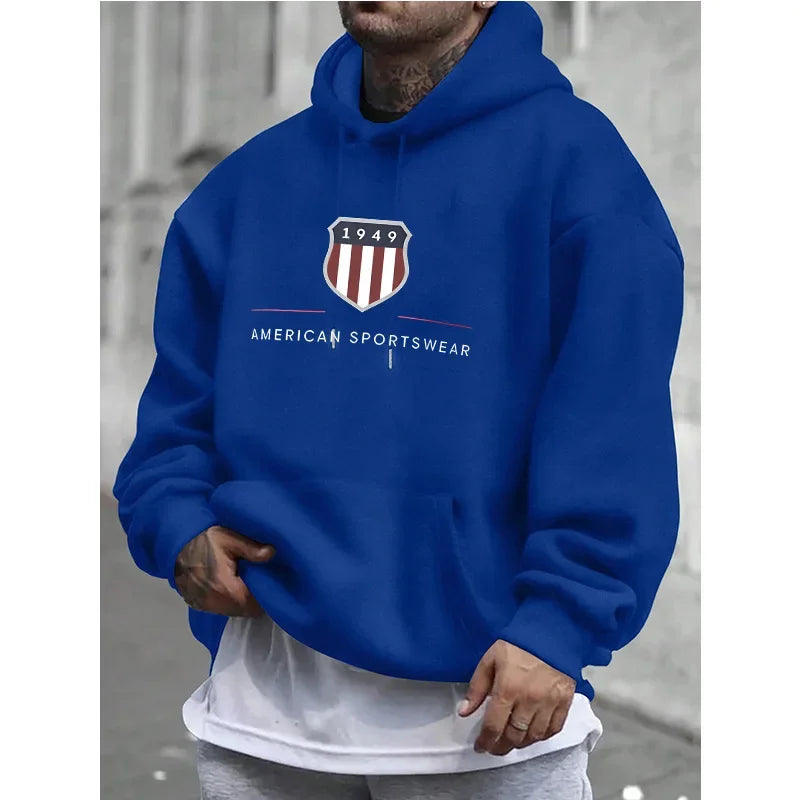 The new men's hooded sweatshirt, a men's warm sweatshirt, is urban fashion, casual, loose and fresh. It was printed in 1949