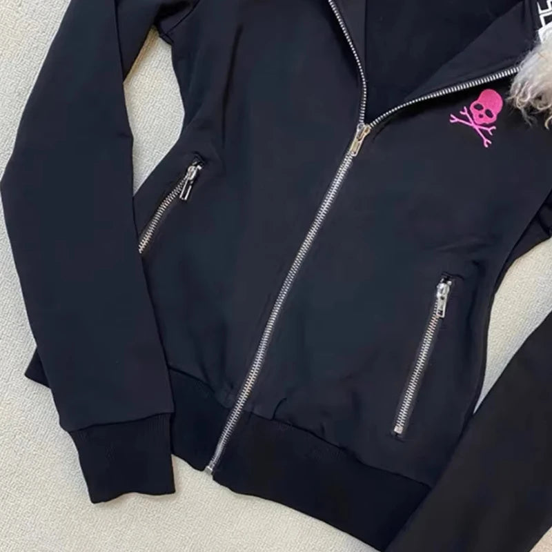 Women Sweatshirt Harajuku Letter Print Slim Coat Winter Clothes Goth  High Street Y2K Black Fur Collar Zipper Sweatshirt Hoodie