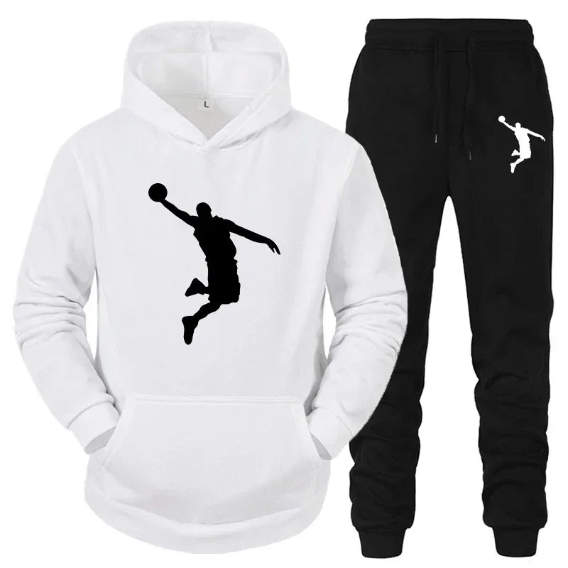 High-quality printed youth hooded sweatshirt set for sports jogging, fashionable men's sportswear for daily casual commuting