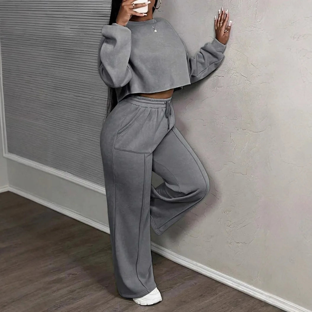 Sweatshirt Two-piece Suit Women's Casual Sports Sets Spring Autumn Loose High-waist Tops Pullover Straight Trousers 2-piece Sets