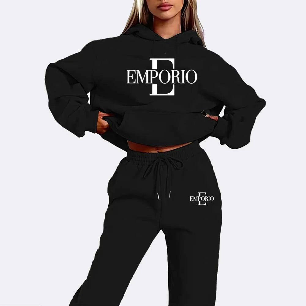 2pcs Women's Hooded Sweatshirt & Jogger Set with Graphic Print - Black & White Gradient Colorblock, All-Season Casual Clothing,