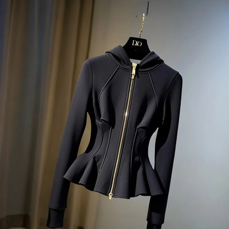 Fashionable Black Hooded Sweatshirt 2025 Spring Casual Slim Waist-hugging Short Jacket Versatile Top