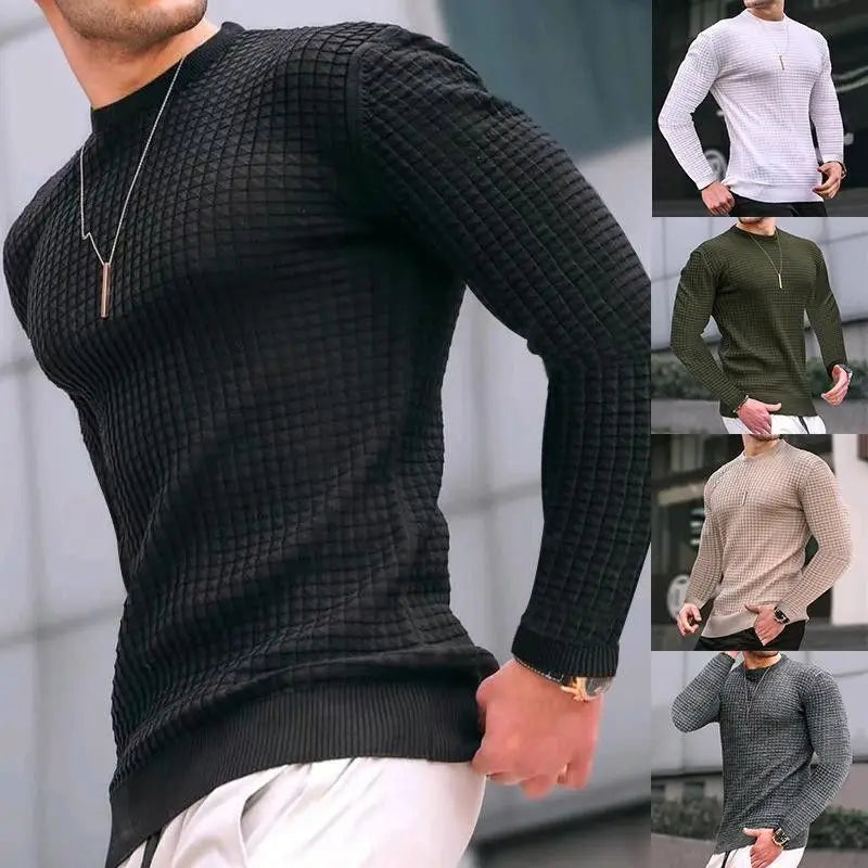 Men's Waffle Trendy Sweatshirt New Long-sleeved Round Neck Slim Pullover Base
