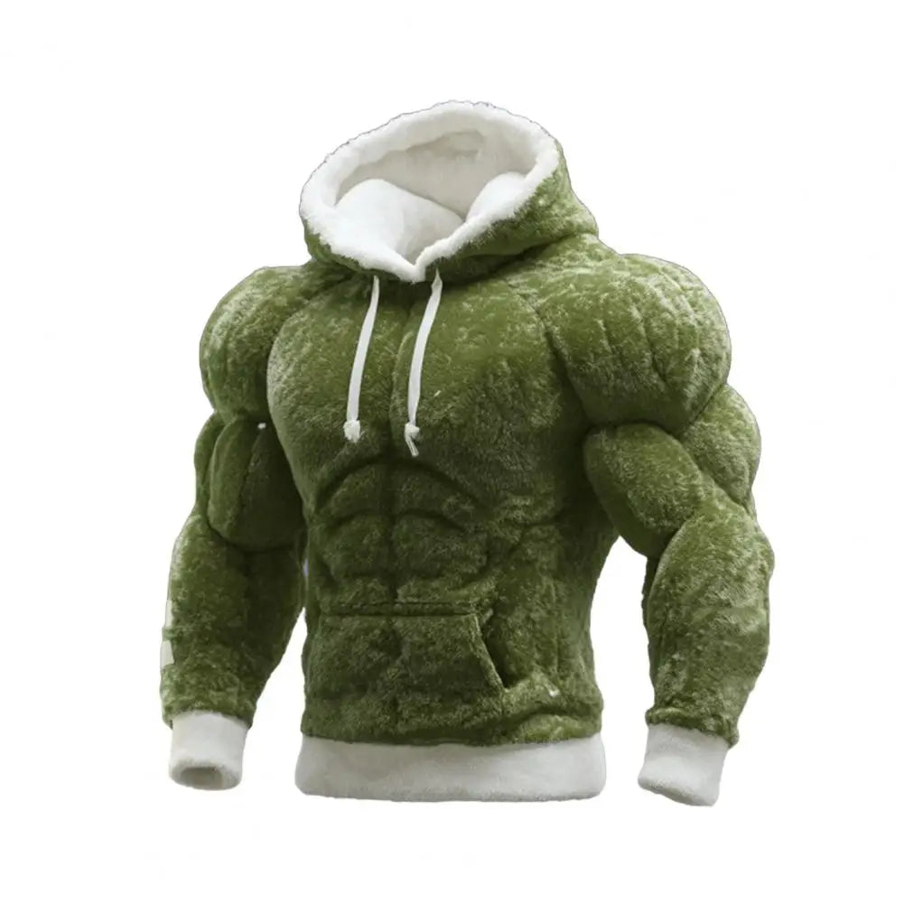 Men Loose Sweatshirt Muscle Hoodie Realistic 3D Print Pullover Sweatshirt Muscular Warm Fuzzy Hooded Sweatshirt for Street Wear